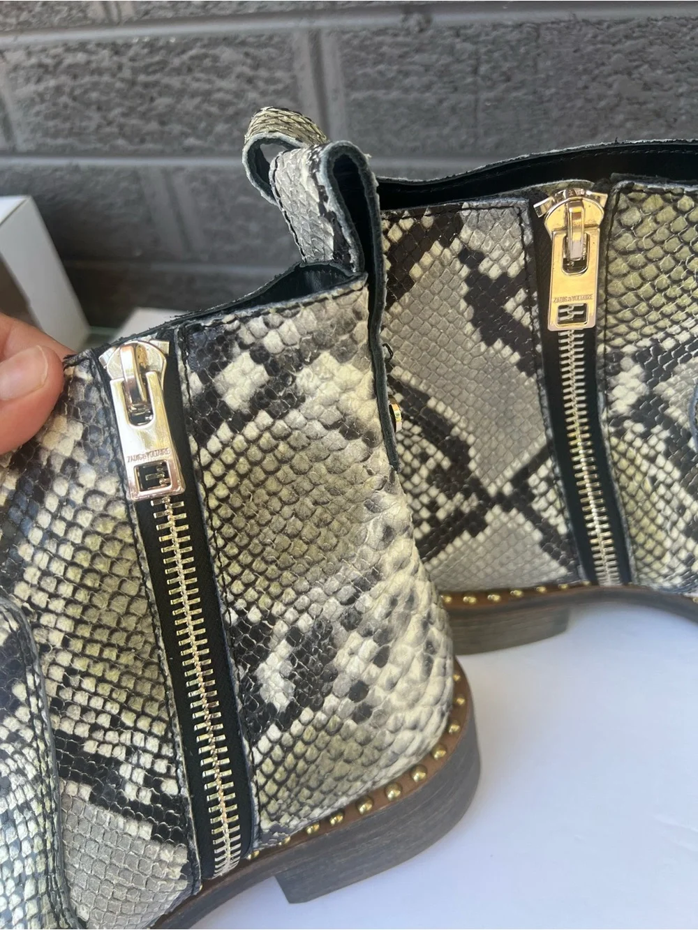 Zadig & Voltaire Snake-Print Leather Studded Ankle Boots Grey-Black   Us 8.5-9W